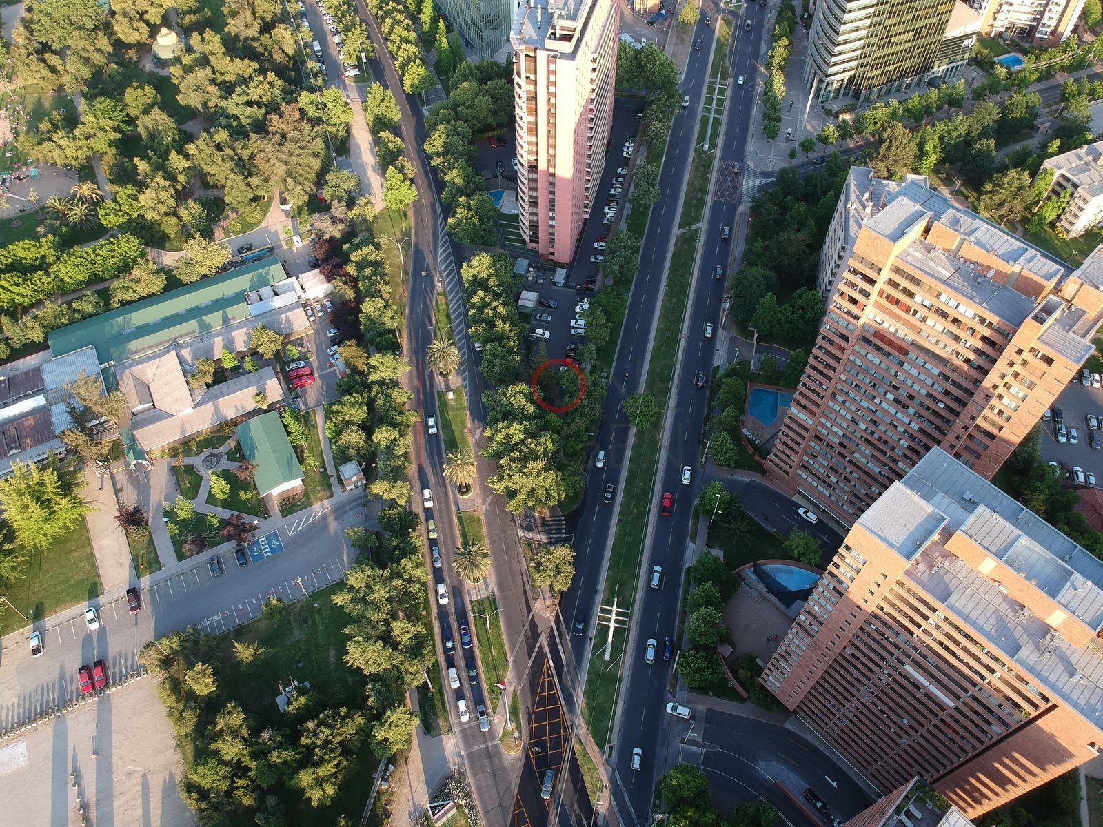 Edificios y avenida arbolada, Las Condes — vista cenital