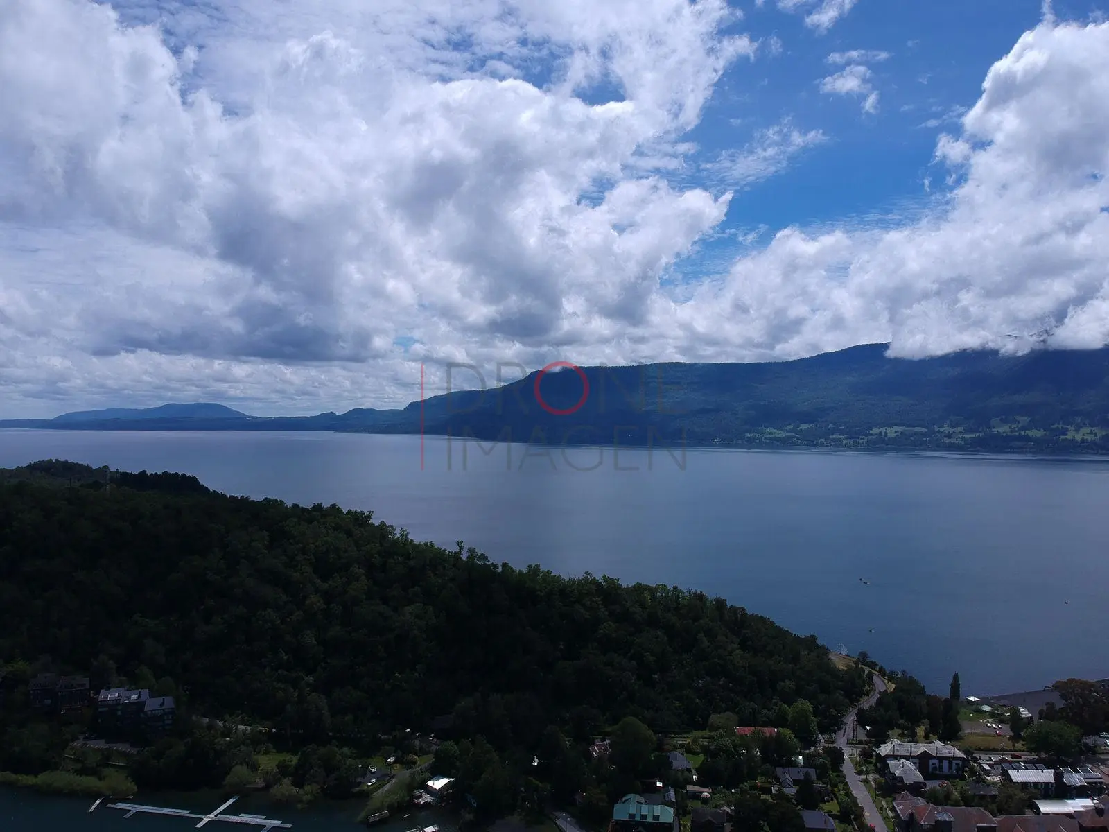 Bosque y lago con cielo despejado, Centro de Pucón