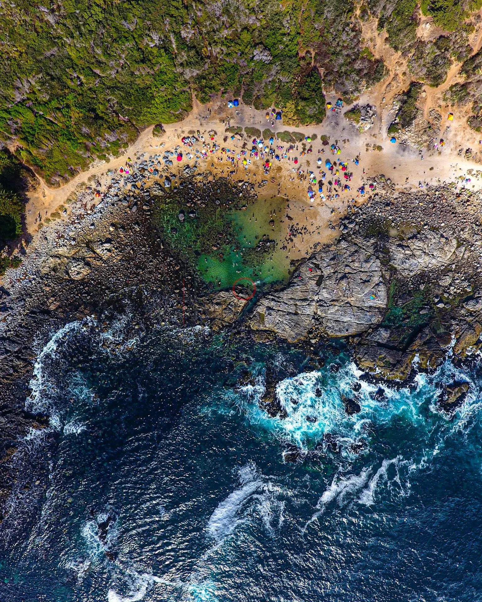 Poza natural con bañistas, vista cenital · vista cenital