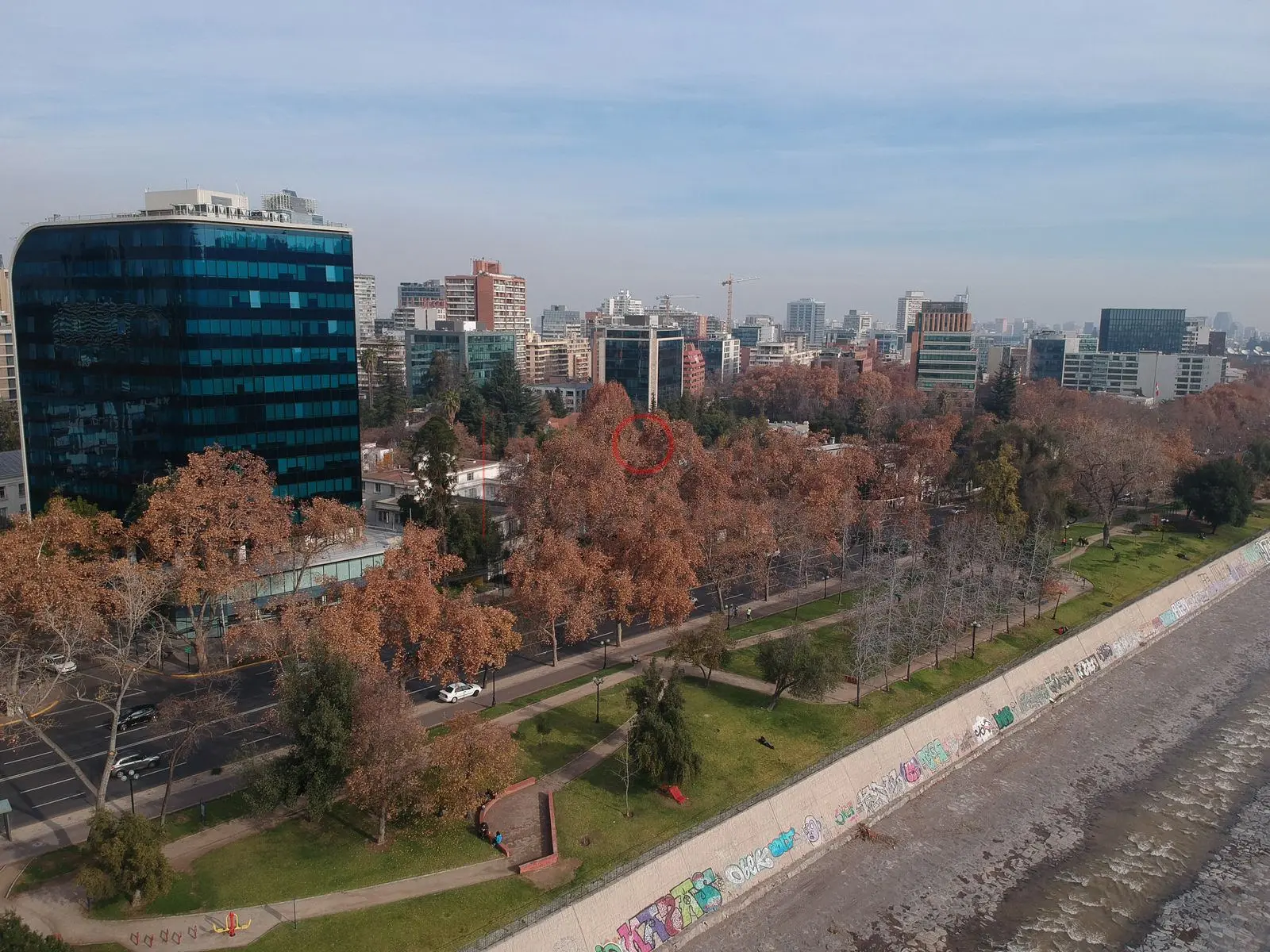 Torre de vidrio y árboles otoñales, Providencia · vista aérea oblicua